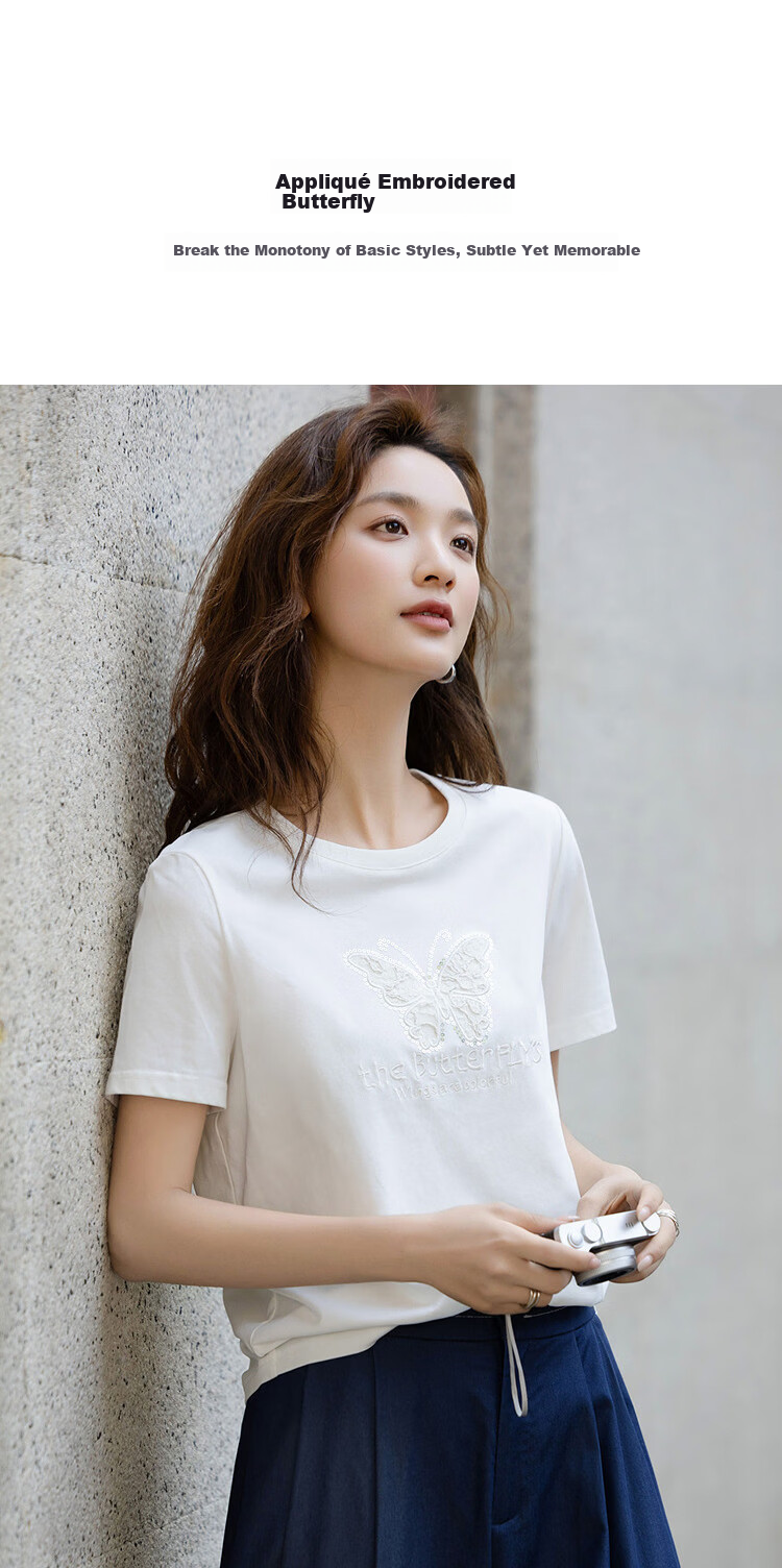 Demana [Cool Sorona] Summer Elegant Round Neck Lace Applique Embroidered Butterfly Slim Fit T-Shirt for Women Premium Feel 2