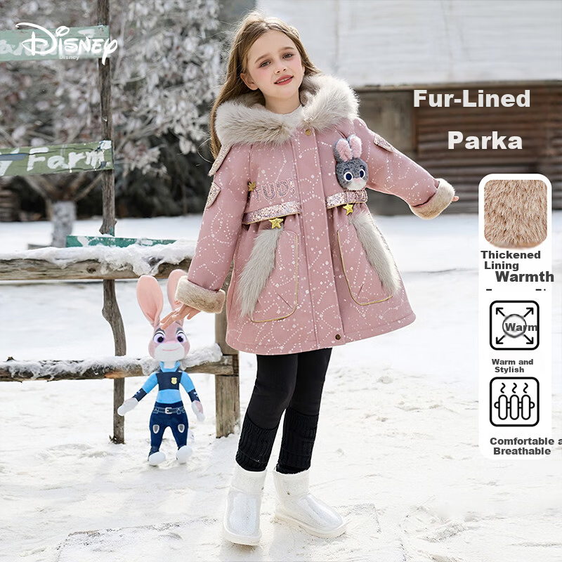 Disney Baby Girls' Autumn Winter 2026 New Zootopia Hooded Parka Thickened Cotton Padded Kids Jacket