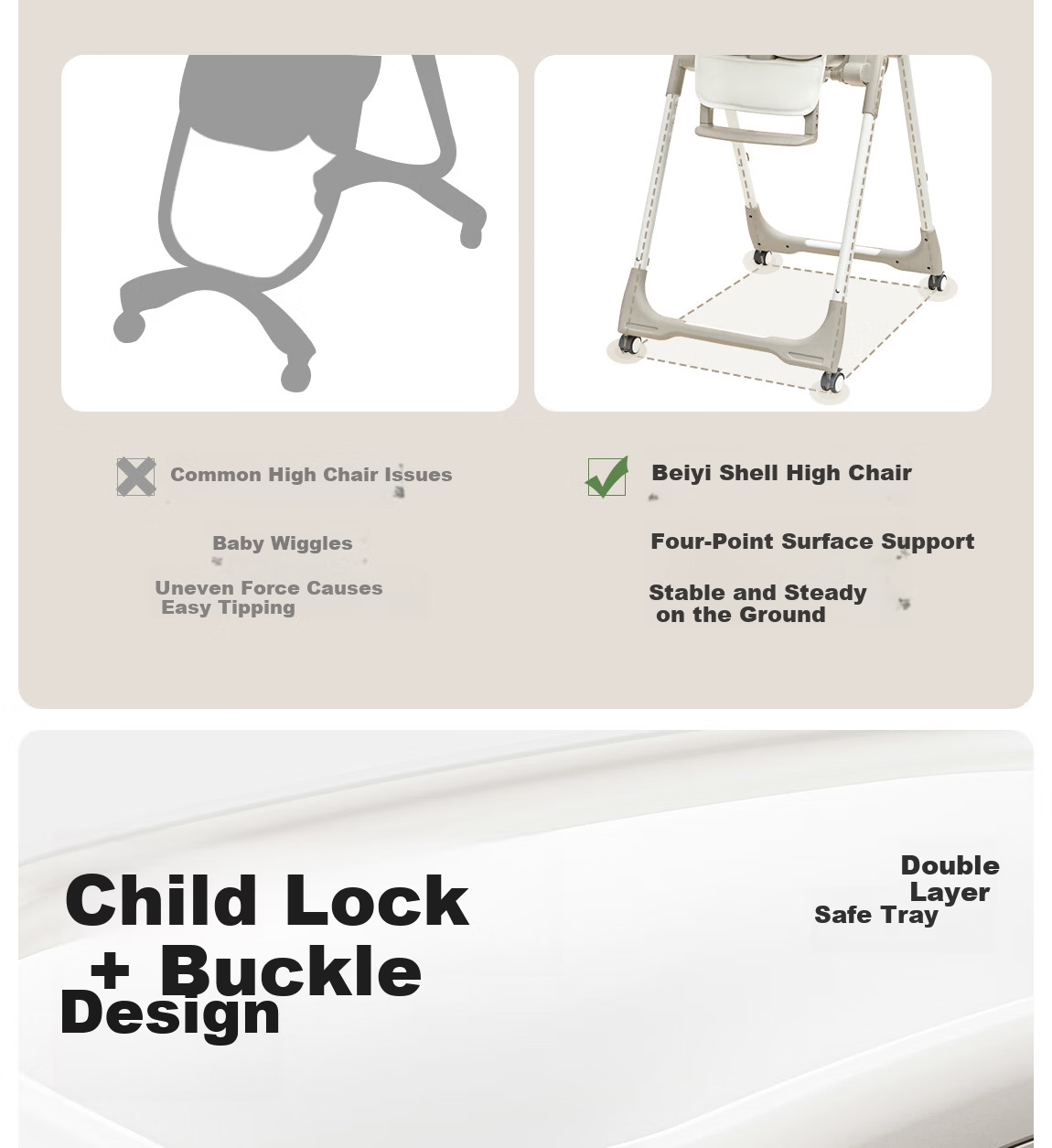 BEIE Baby High Chair Toddler Dining Chair Kids Growth Chair Children's Seat Rocking Chair White Shell + Cloud Cushion 26