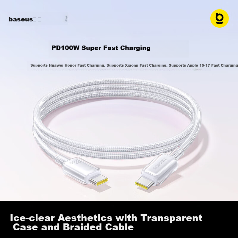 Baseus Dual-Head Type-C Data Cable PD 100W/88W Super Fast Charging CtoC for Huawei Honor Xiaomi Apple iPad Laptop Phone 1m White