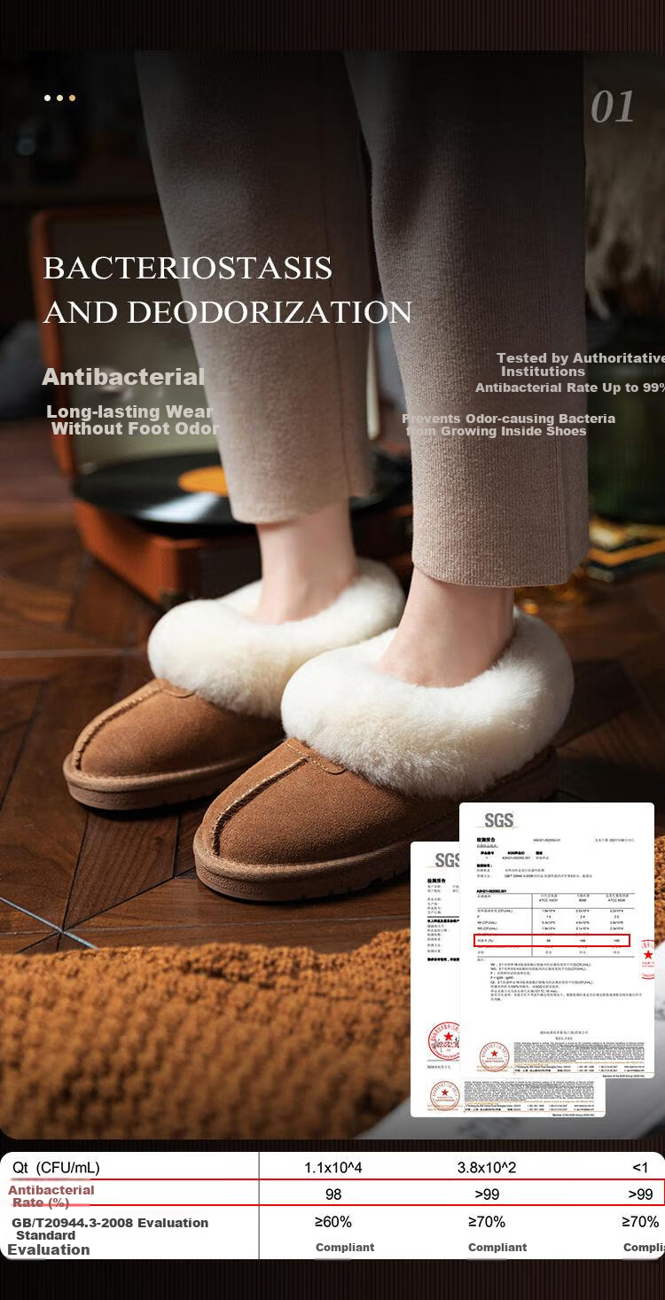 NEIBO Sheepskin Wool Lined Slippers Men Winter Latex Home Anti-Odor Warm Women Size 43 Brown 2