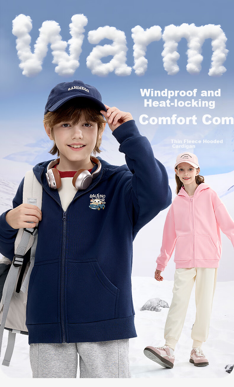 Baleno Boys' Jacket 2025 Autumn Winter Fleece Lined Thickened Casual Hooded Cardigan for Big Boys 1