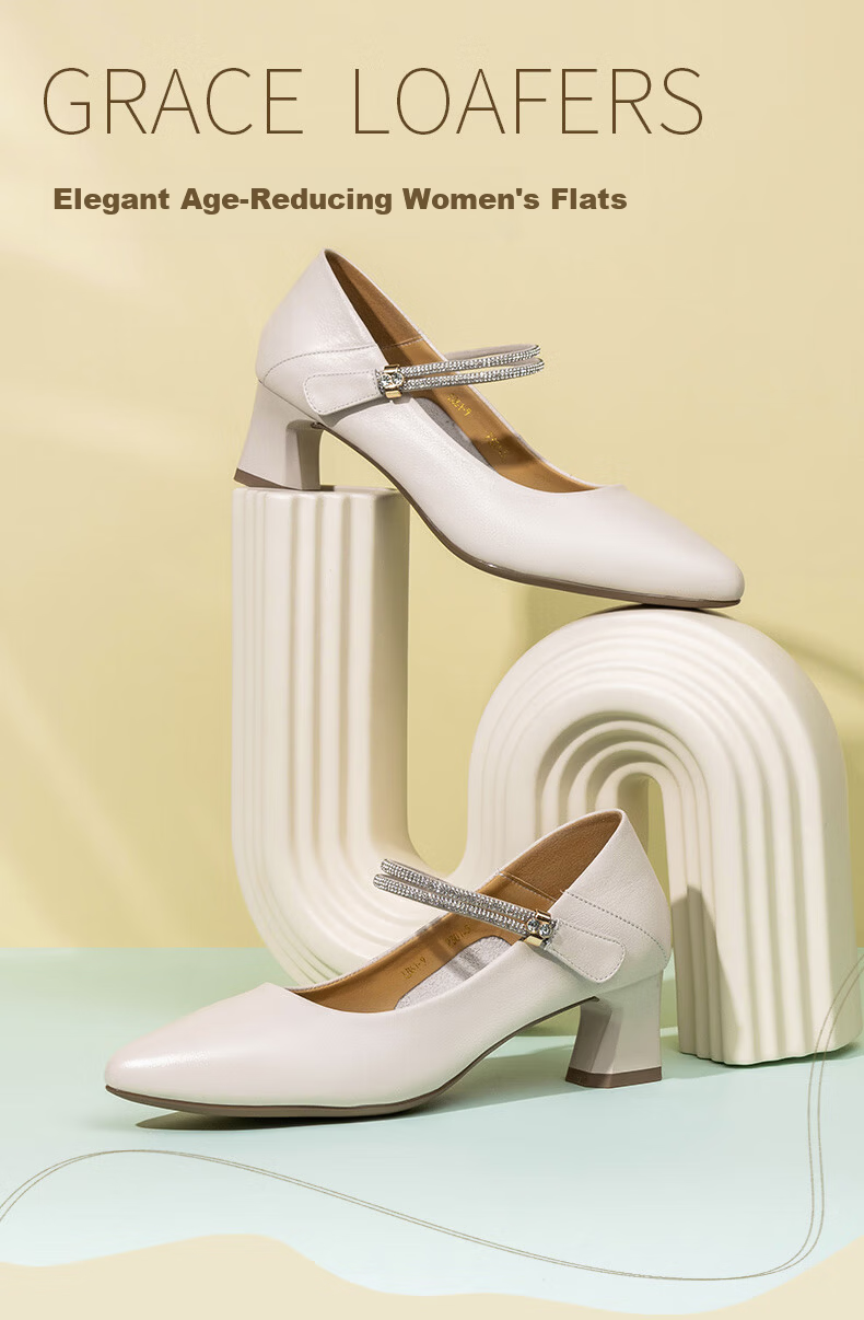 LAORENTOU High Heels for Women, Top-Grain Leather, Chunky Heel, Single-Strap Buckle Work Shoes, French Style Women's Shoes, LB61 White, Size 37 1