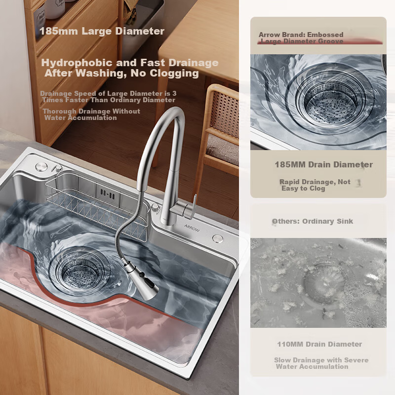 Arrow 304 Stainless Steel Kitchen Sink Large Single Bowl Japanese Style Large Diameter Single Bowl Vegetable Washing Basin [15% Renewal Subsidy]