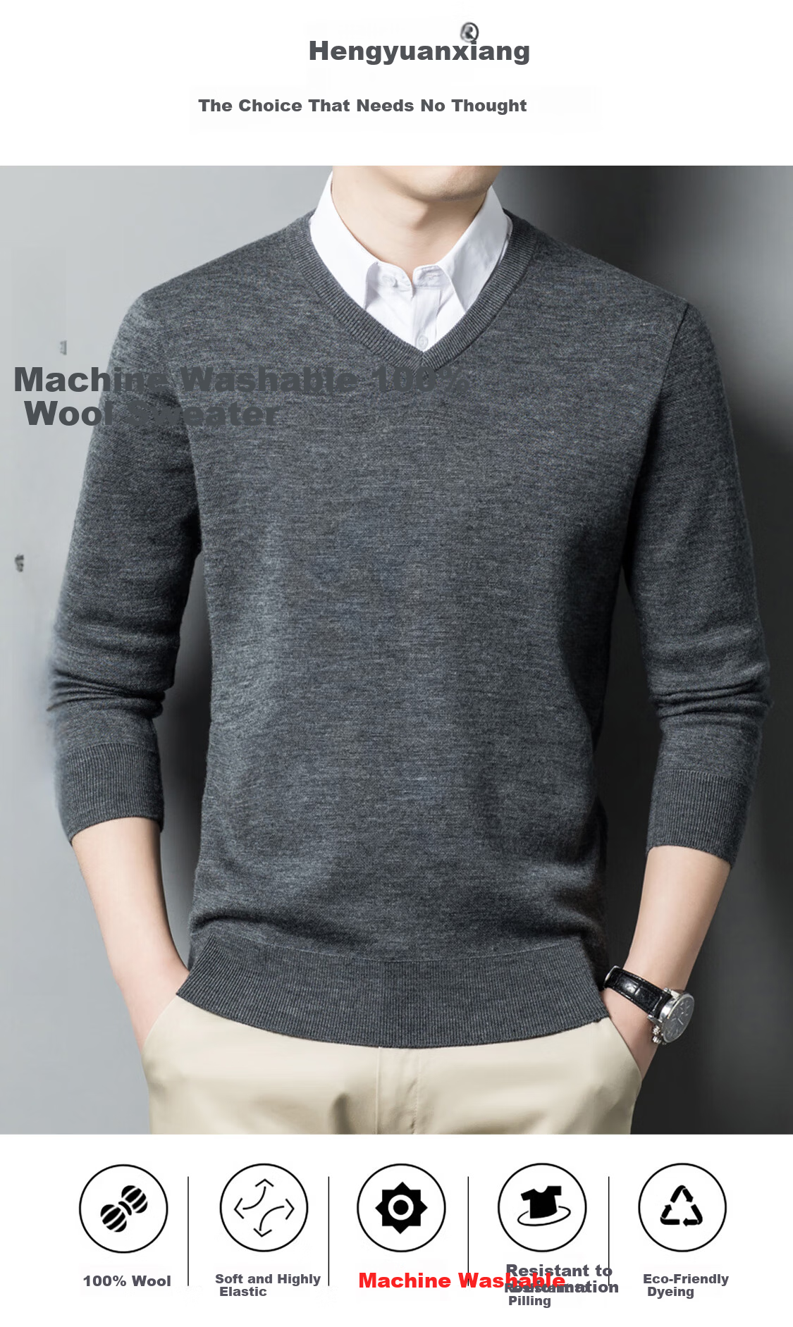 Hengyuanxiang Men's Wool Sweater Autumn Winter Thickened V-Neck Machine Washable Fine Spun Knitwear Medium Gray 175 1