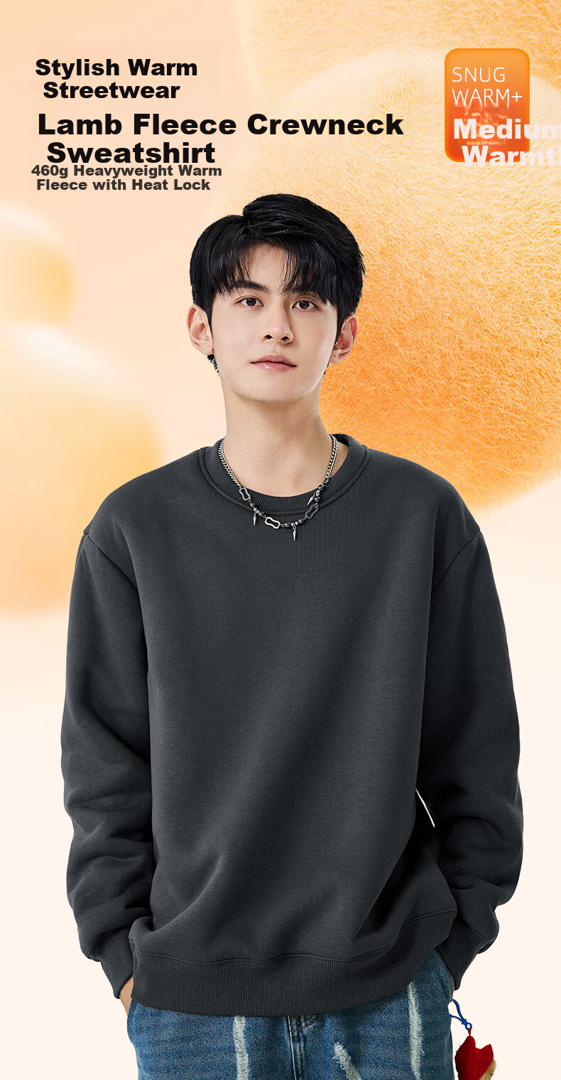 Baleno Men's Crew Neck Thickened Lamb Wool Winter Warm Loose Solid Color Casual Fleece Jacket 2