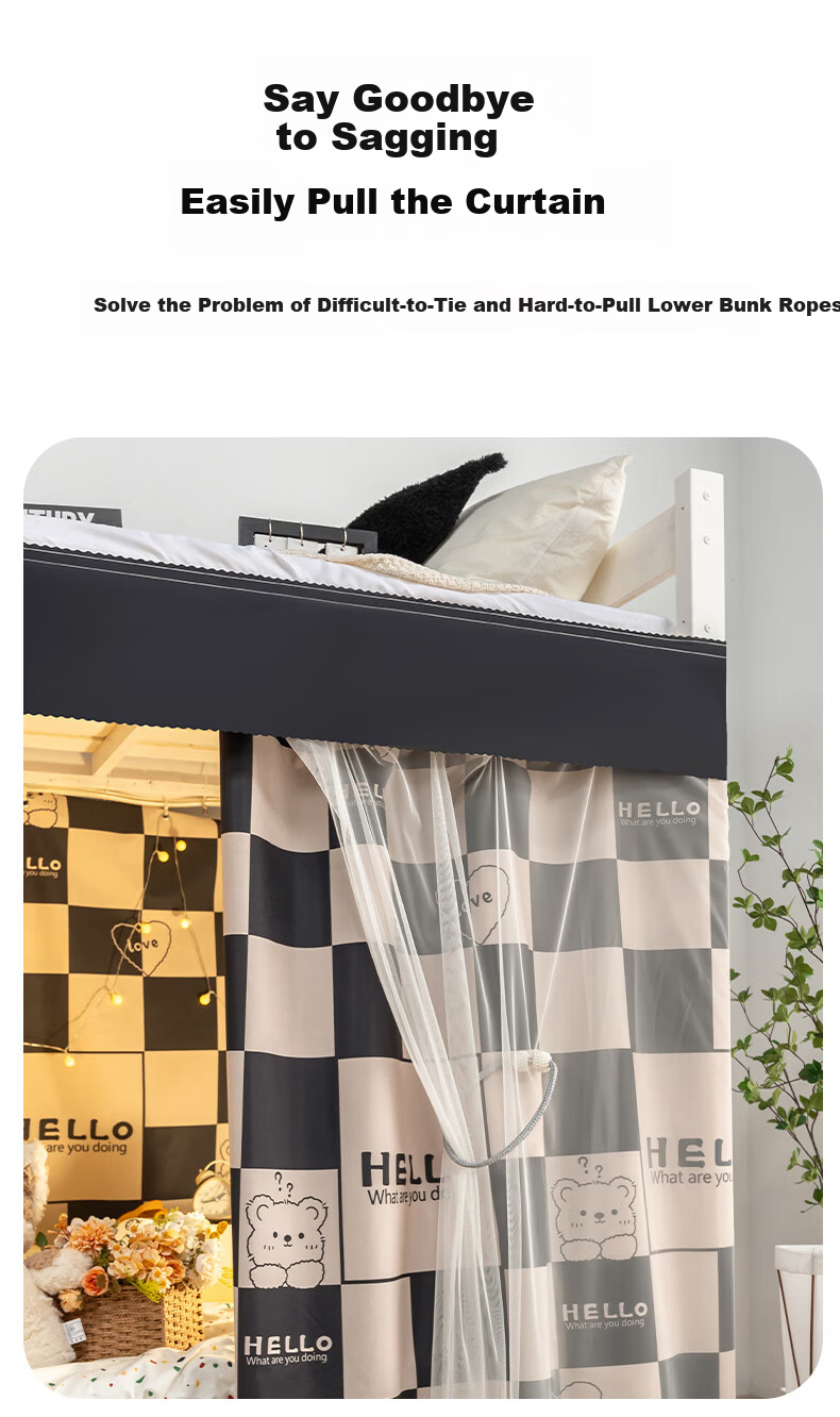 Mengshina Dormitory Bed Curtain Lower Bunk U-Shaped Track Strong Light-Blocking Student Curtain Black Check Bear / 2 Panels + Bed Valance 8