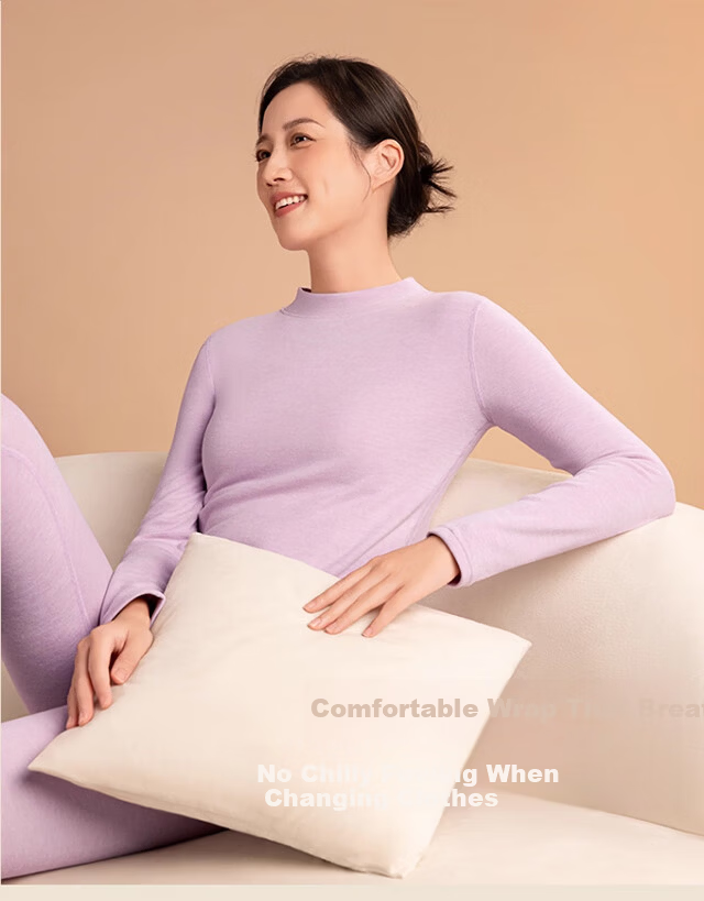 XUEXIMAN Women's Thermal Underwear Autumn Winter Middle-aged and Elderly Wool Silk 10A Antibacterial Warm Set Mid-neck Top and Bottom 14