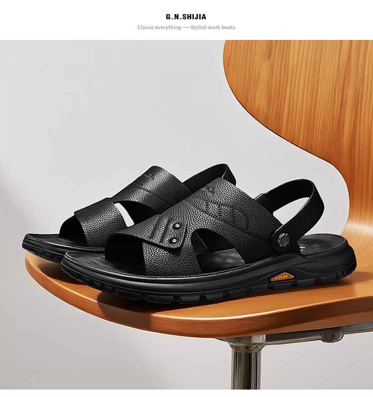 Bull Family Men's Leather Sandals Summer New Genuine Leather Soft Sole Breathable Beach Shoes Men's Versatile Two-Way Commuter Casual Slippers 40
