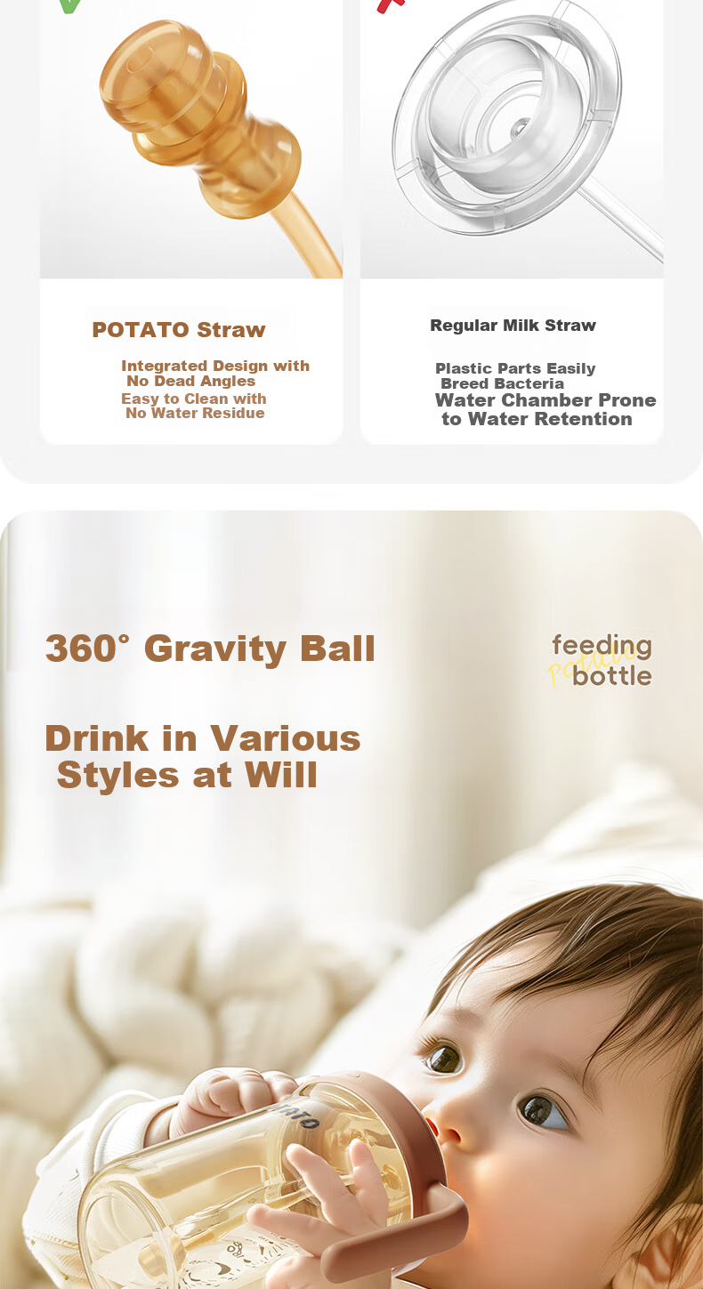 Potato Baby Direct Drinking Bottle PP Children's Straw Water Cup with Zero Gravity Ball Spout for 1 Year and Above 300ml Misty Blue 13