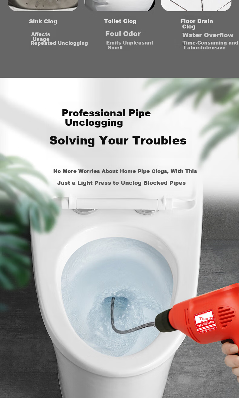 Tianzhiyan Electric Drain Cleaner Tool for Toilet and Kitchen Pipes, 6m Spring Cable 2