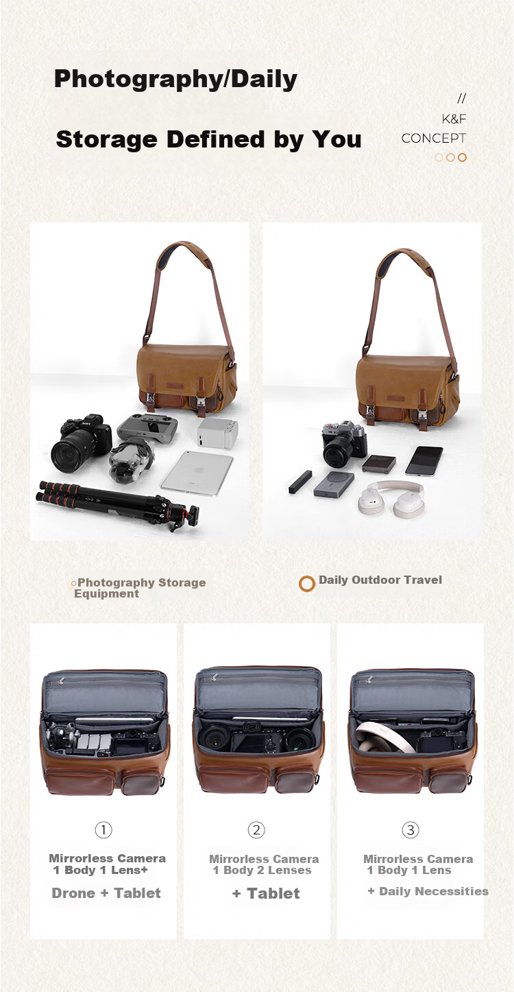 K&F CONCEPT Messenger Camera Bag Photography Crossbody Shoulder Bag for Mirrorless and DSLR Cameras One Body Two Lenses Multifunctional Vintage Original Photography Bag Gobi Brown 19