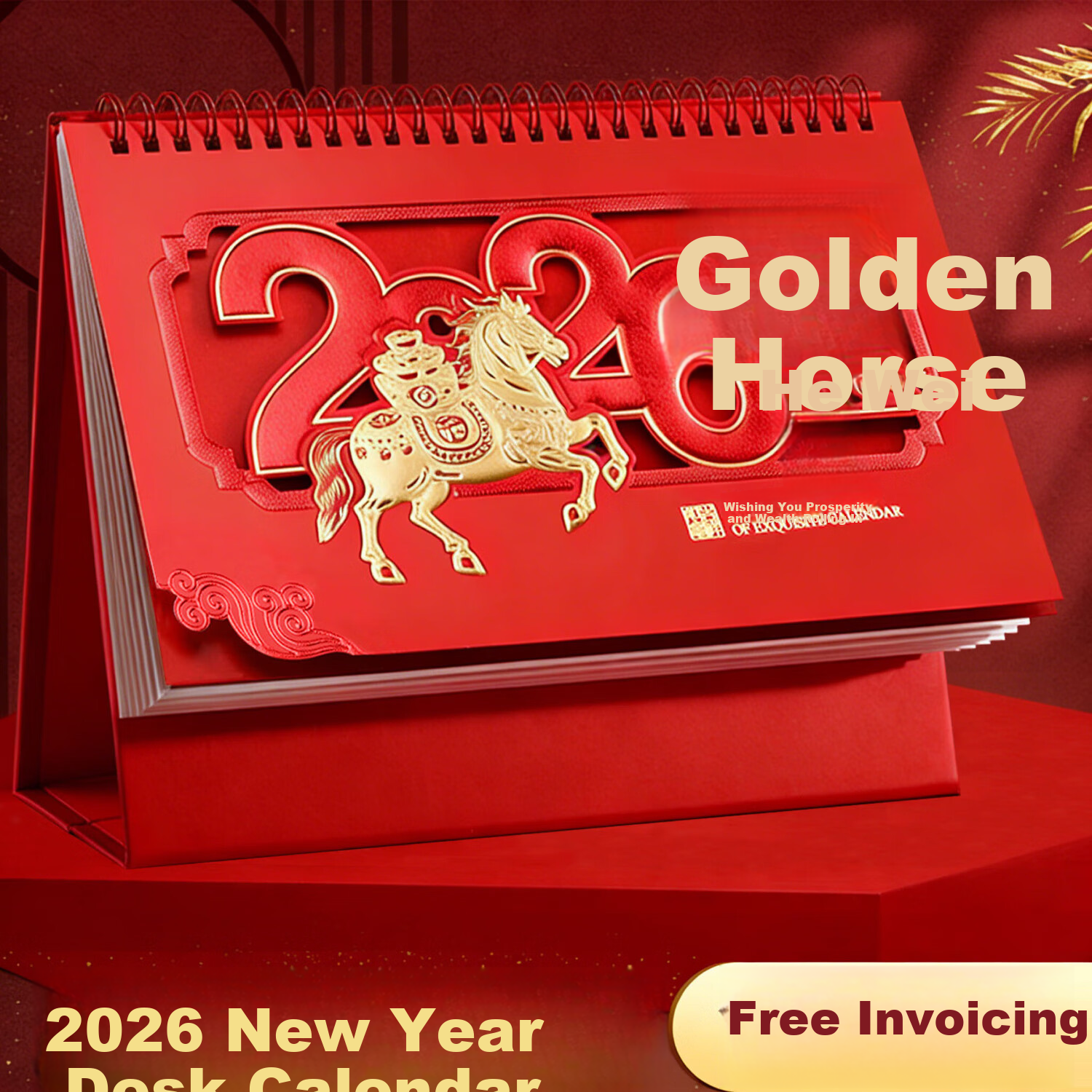 Muulee 2026 Custom Large Chinese Red Festive Triangle Desk Calendar Corporate Gift Business Desktop Calendar Year of the Horse New Monthly Calendar
