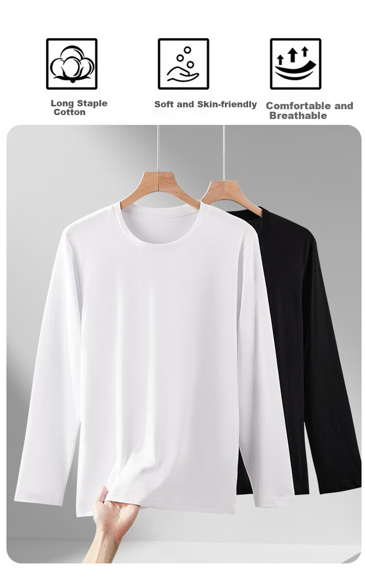LangSha Pure Cotton Men's Long Sleeve Crew Neck T-Shirt 10A Antibacterial Mite-Resistant Autumn Winter White Undershirt Top 3