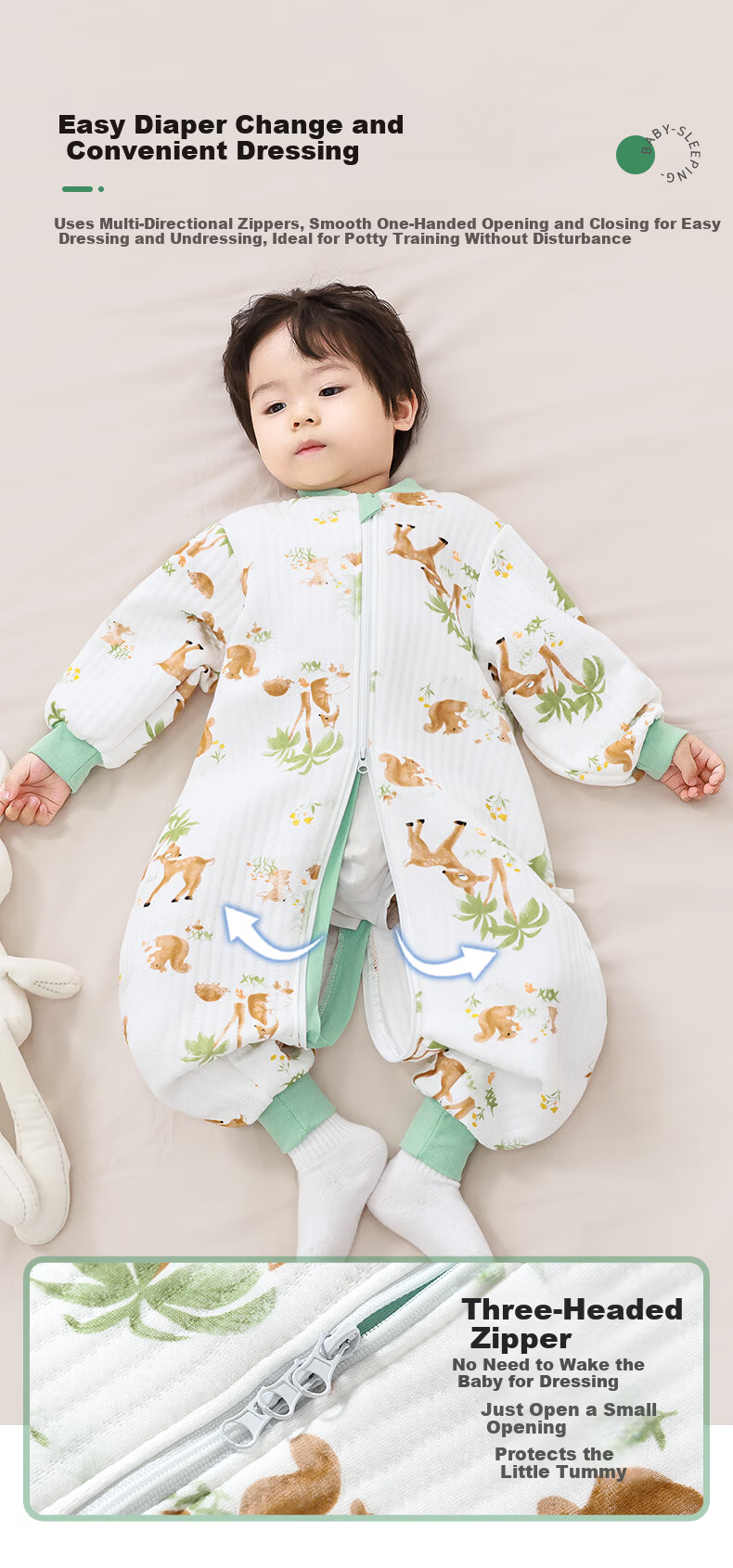 Baby Sleeping Bag Spring and Summer Children's Anti-Kick Bamboo Cotton Air Layer Leg-Separated Sleep Sack Deer Pattern Size 80 7