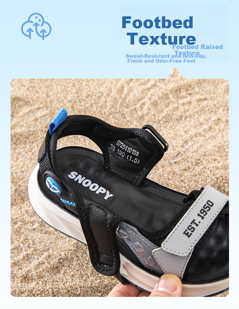 SNOOPY Boys' Beach Sandals Summer Breathable Open-Toe Casual Sandals for Kids 0108 Black Grey Size 33 4