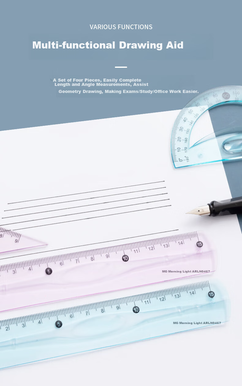 M&G Student Drawing Soft Ruler Set (Ruler + 2 Triangles + Protractor) Blue and Pink Random ARLN0467 4 Pieces/Set 6