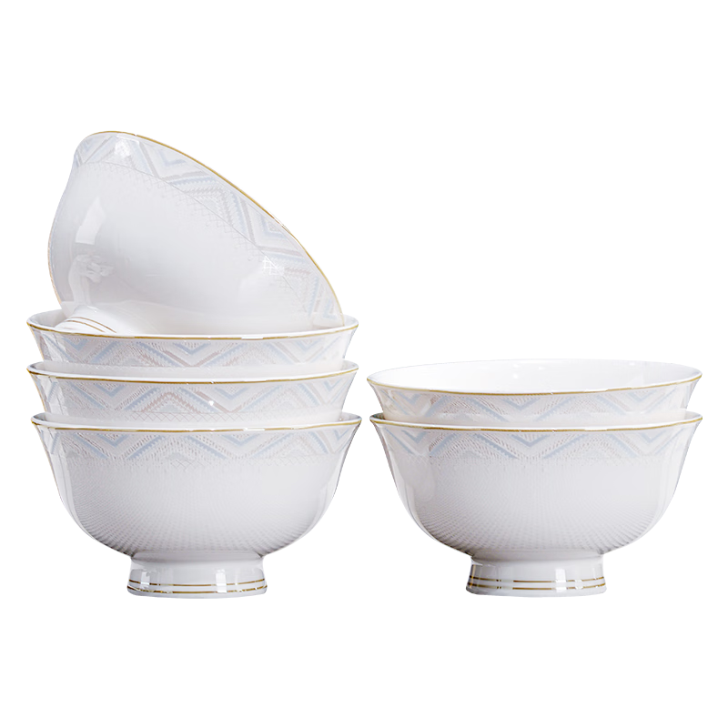 Jieyajie Ceramic Bowl Set, 4.5-Inch High-Foot Bowls, Ceramic Dining Bowl Set, 6 Pieces, Siwei Kongjia