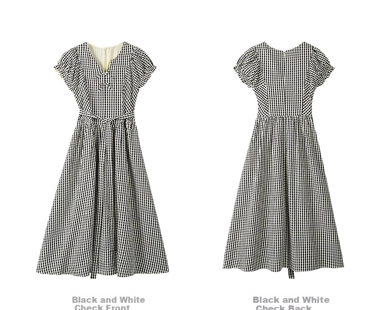 INMAN Plaid Bowknot V-Neck Puff Sleeve Dress 26 Summer New Women's Tie Waist Long Dress Black and White Check S 14
