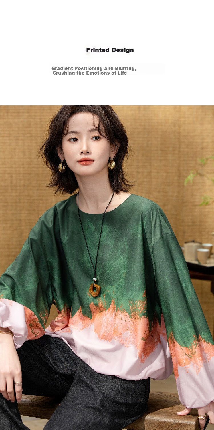 Demana "Poetic Romance" Spring Gradient Placement Dyeing Printed Round Neck Loose Fit Petite Women's Shirt 7