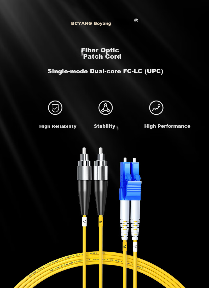 BOYANG Telecom Grade Fiber Optic Patch Cord FC-LC (UPC) 1m Single Mode Duplex Fiber Optic Cable Φ2.0 Flame Retardant Low Smoke Halogen-Free Patch Cord BY-1532S 1