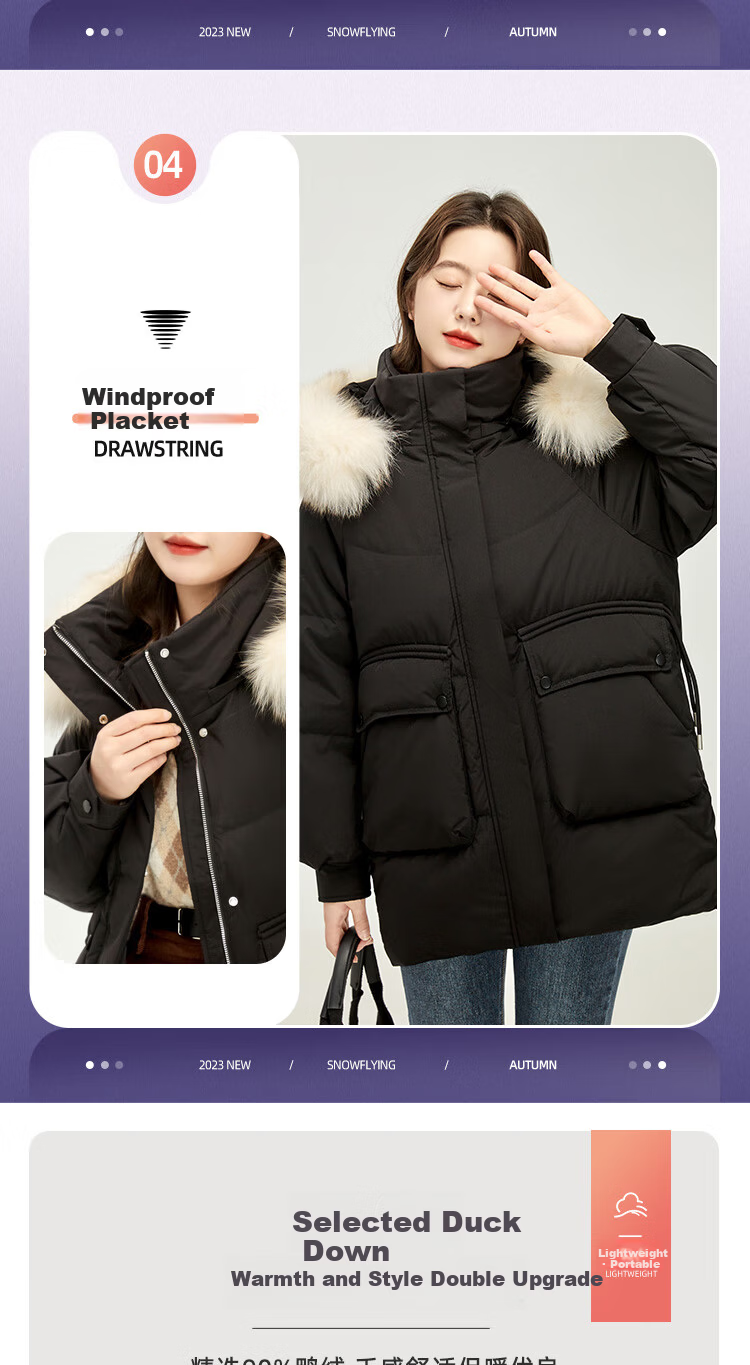 SNOWFLYING Women's Mid-Length Hooded Down Jacket with Fashionable Large Fur Collar, Casual Versatile Thickened Warm Cold-Resistant Down Coat 7