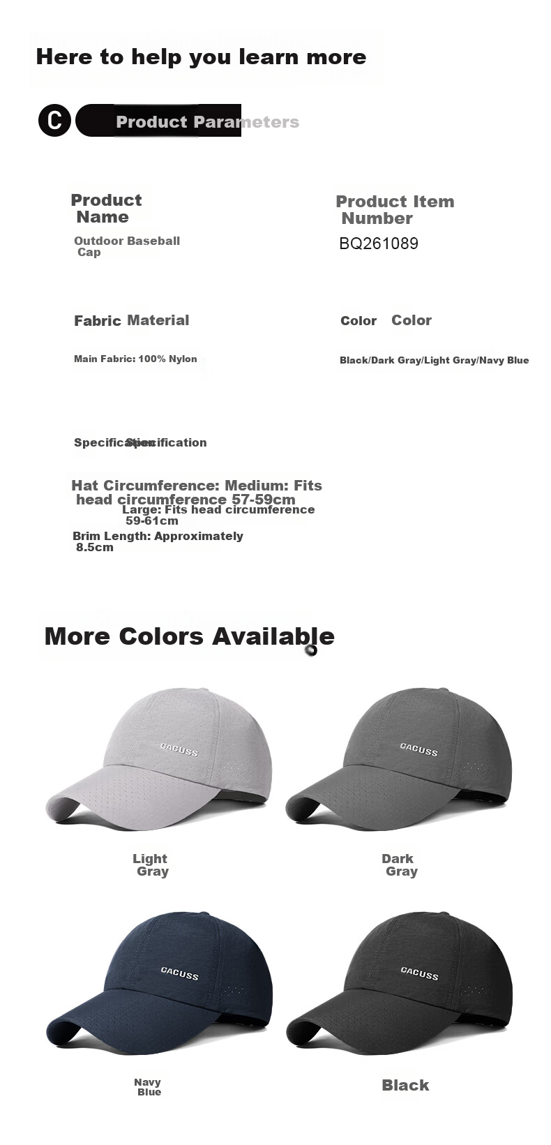 CACUSS Men's Baseball Cap Summer Outdoor Sun Protection Breathable Mountaineering Sports Dark Gray M 7