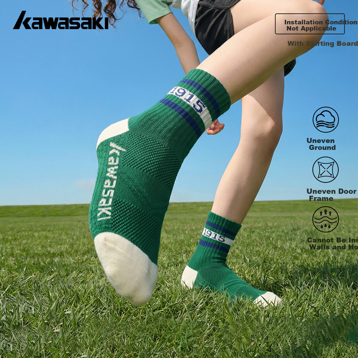 KAWASAKI Badminton Socks Kids Sports Socks Durable Terry Bottom D6401 White Blue/White Green/Vintage Green (3 Pairs)