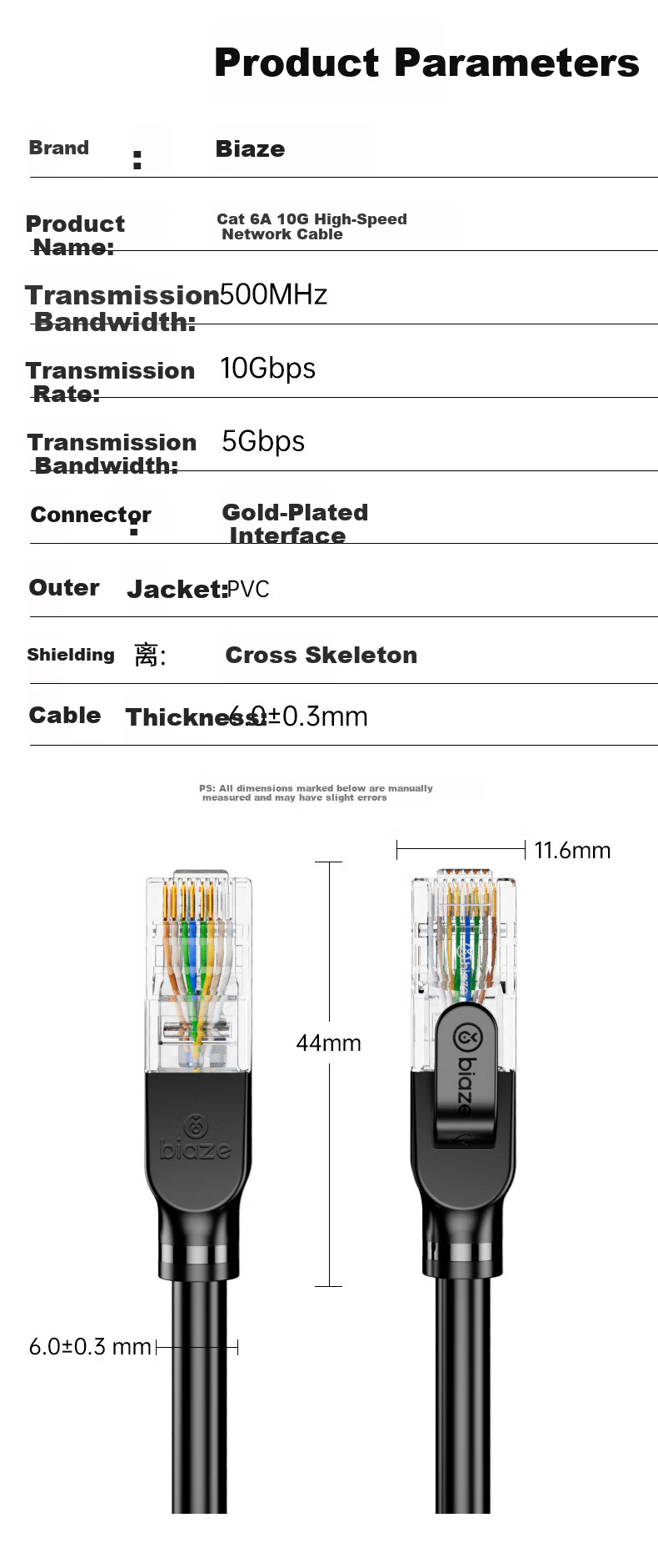BIAZE CAT6A Pure Copper Ethernet Cable, Super Category 6, 10Gbps, 10m, Compatible with Gigabit, 8-Core, 2.5G Network Patch Cable for Home and Computer Broadband Engineering 13