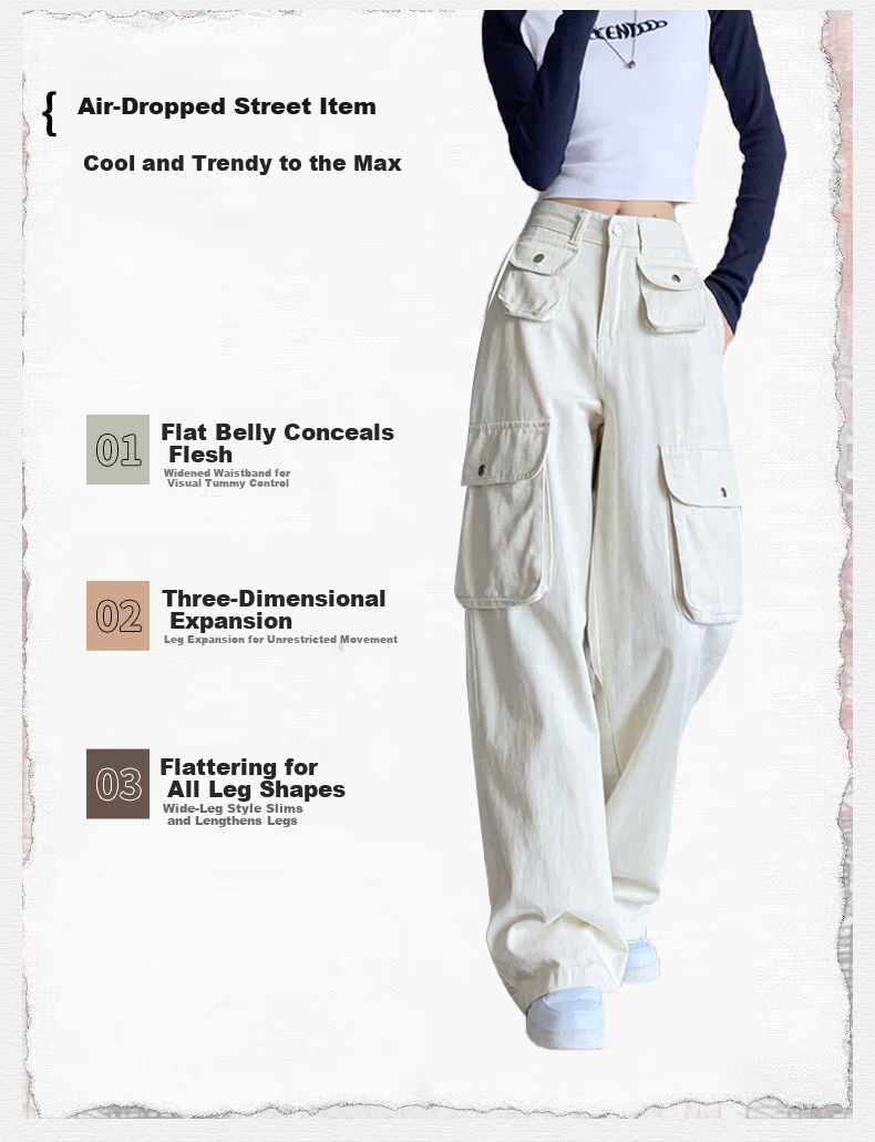 Langsha Women's Workwear Casual Cotton High-Waist Straight-Leg Trendy Pocket Wide-Leg American Style Spring Pants 8