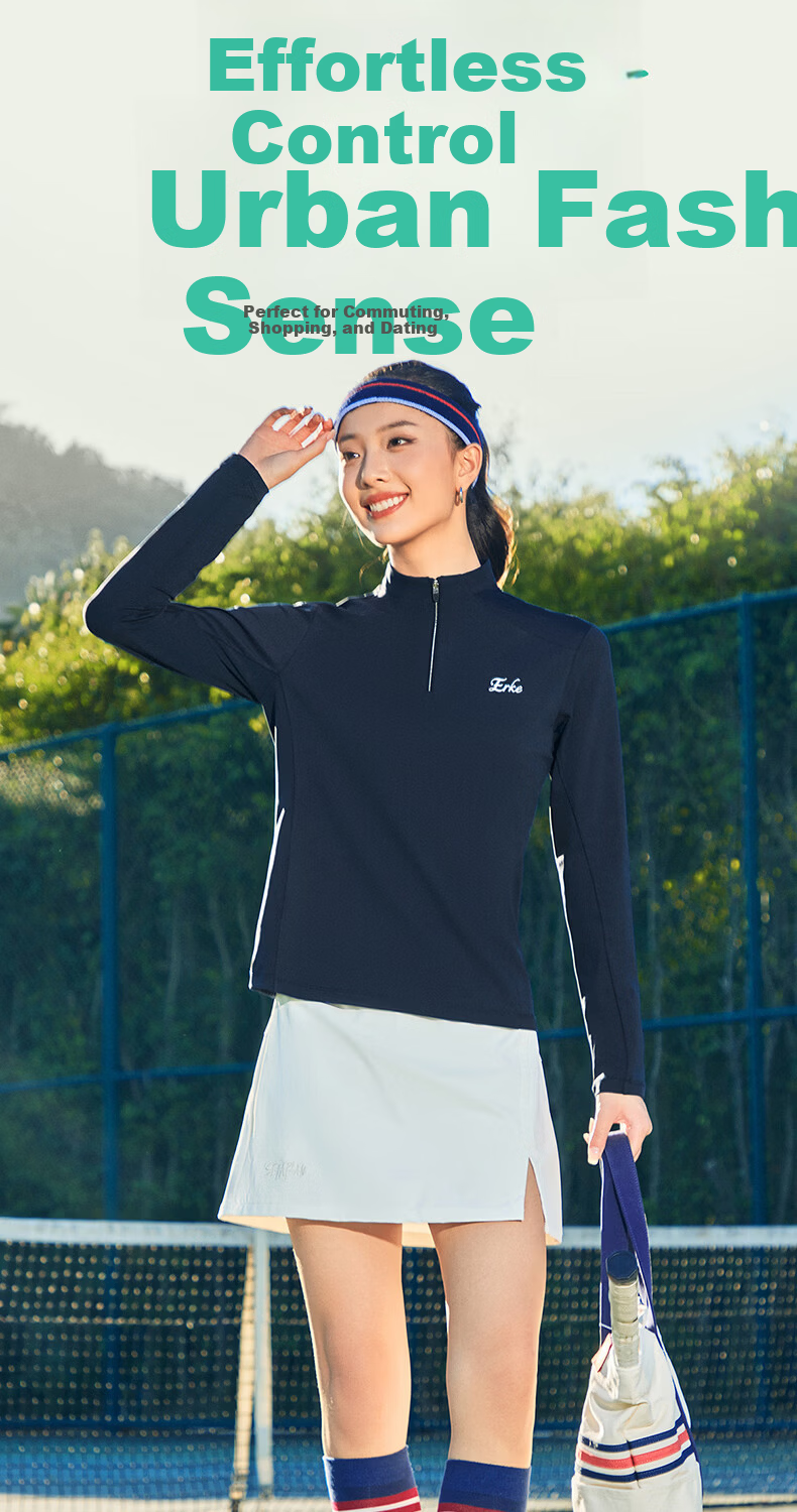 ERKE Women's Long Sleeve T-Shirt 2026 New Half-Placket Stand Collar Tennis Slim Fit Sports Top Versatile Base Layer Running Shirt 8