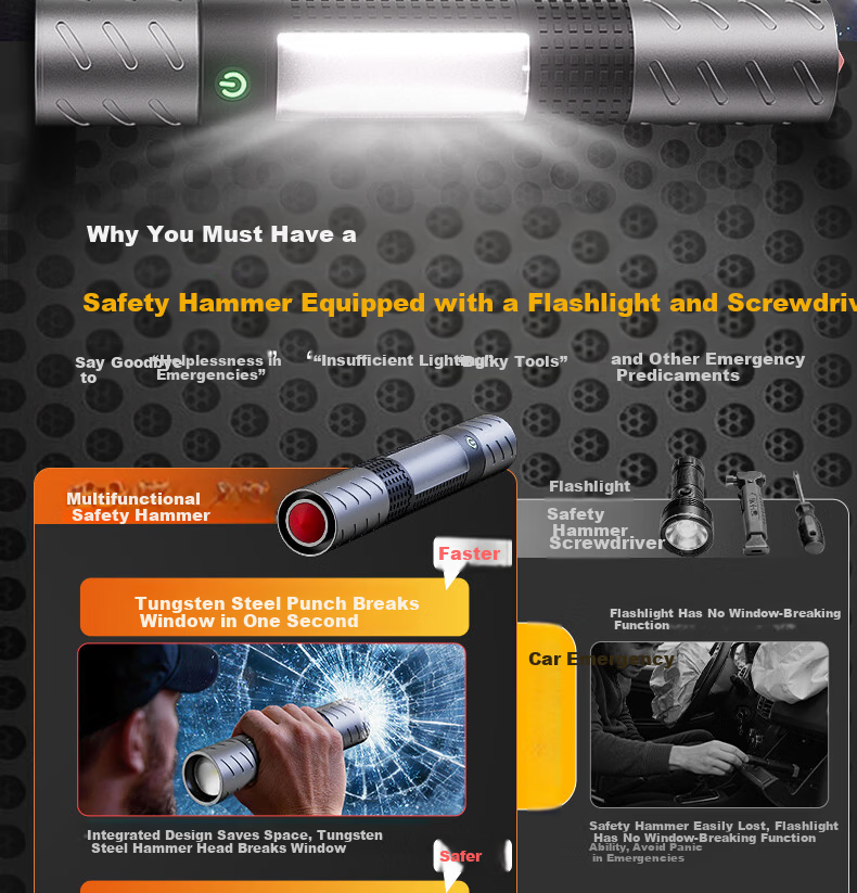 Deli Multifunctional Flashlight Safety Hammer with Hidden Cutter and Warning Light 5-in-1 Compatible with Xiaomi SU7 3