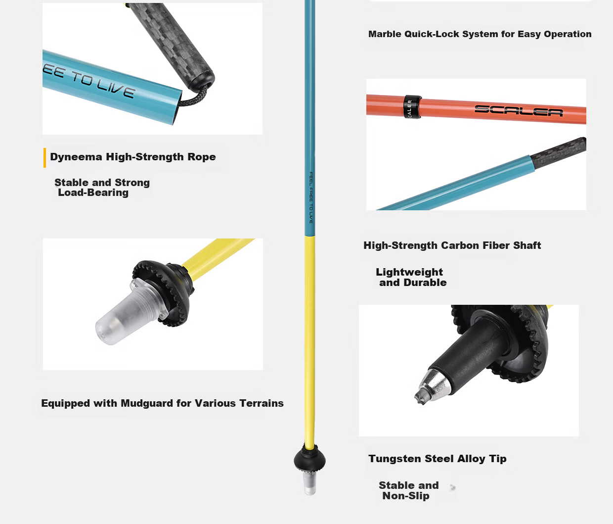 SCALER 【Hiking LOCK】 Lightweight Carbon Fiber Outdoor Trekking Pole Professional Trail Running Hiking Folding Walking Stick Cane 3