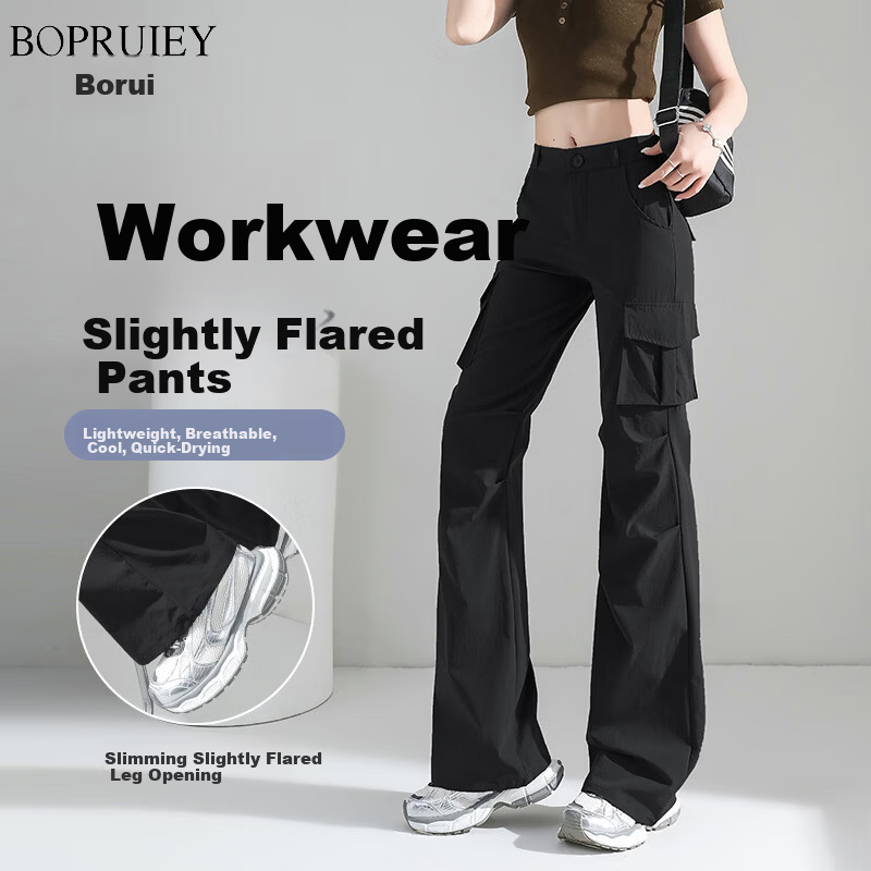 Borui Women's Micro Flare Quick-Dry Lightweight Work Pants 2026 New Summer Casual Slim American Paratrooper Trousers