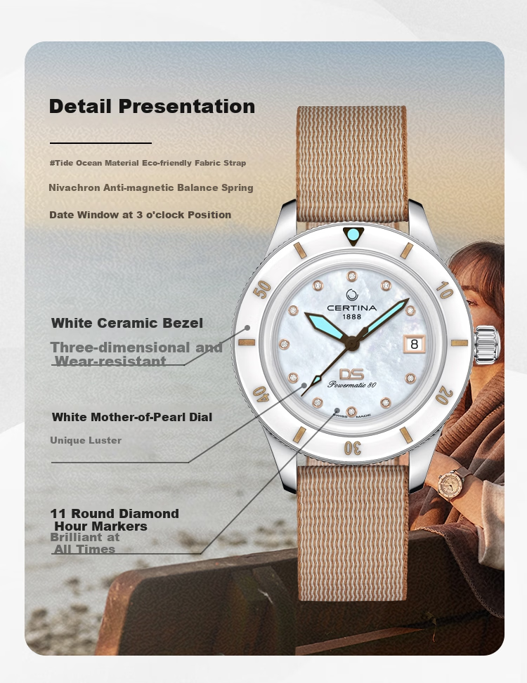 Certina DS PH200M Series Ceramic Mother-of-Pearl Dial Mechanical Women's Watch 7