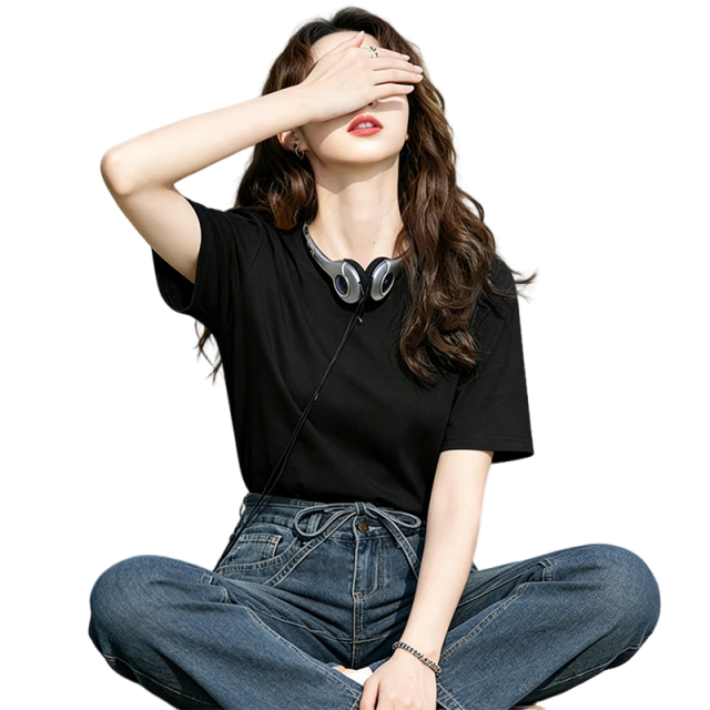 Handu Yishe Women's Short Sleeve T-Shirt 2026 Summer Fashion Loose Cloud-Feel Pure Cotton Breathable Textured Base Shirt Black M