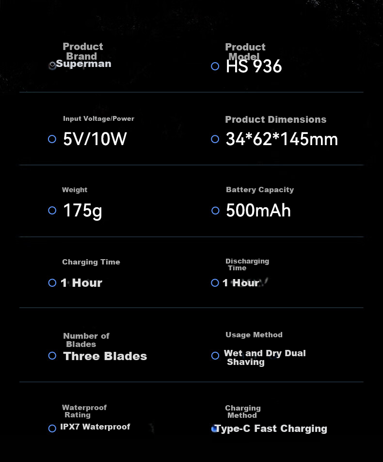 Superman Hangyang High-End Series High-Power Electric Shaver Reciprocating Small Hammer Full Body Washable Razor Type-C Fast Charging HS936 16