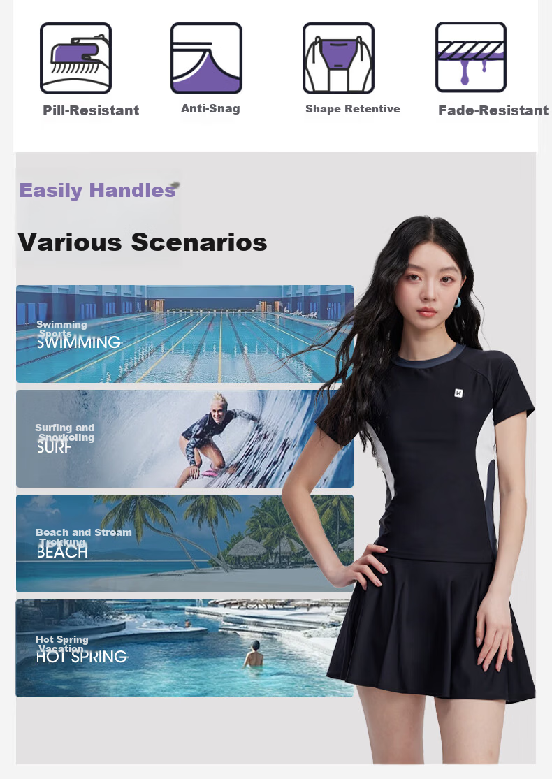 Keep Two-Piece Swimsuit for Women, Slim Waist, Hot Spring Skirt Style, Conservative Short Sleeve, Plus Size, Body Covering Swimwear, Black, M 6