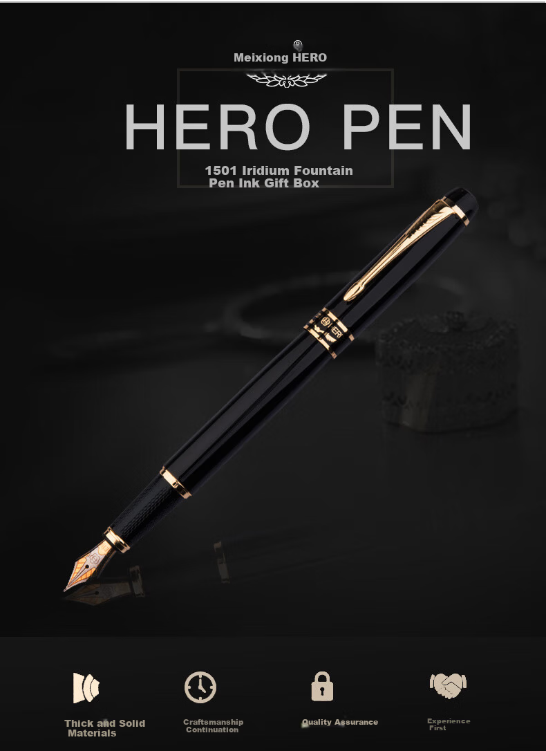 HERO Fountain Pen 1501 Black Elegant Fine Iridium Nib Signature Pen Fashion Office Student Ink Gift Box Set F Nib 2