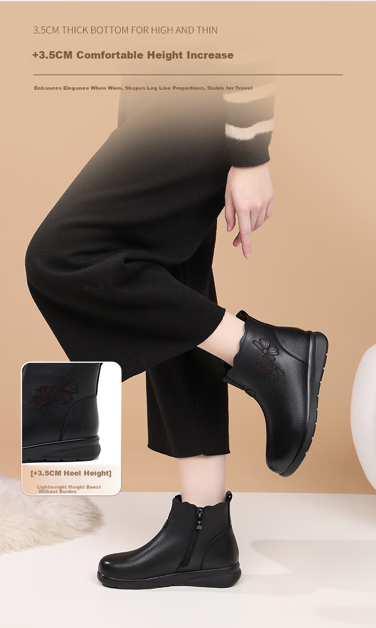 Red Dragonfly Women's Winter Fleece-Lined Leather Ankle Boots Lightweight Soft Sole Fashionable Warm Cotton Shoes WTC457421C Black Size 37 5