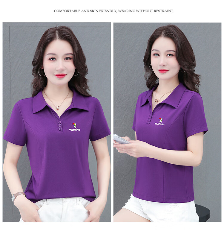 Woodpecker Women's Short Sleeve T-Shirt Pure Cotton Polo Collar Summer Regular Shoulder Slim Fit Casual Sports Half Sleeve Top Wine Red 2XL 24