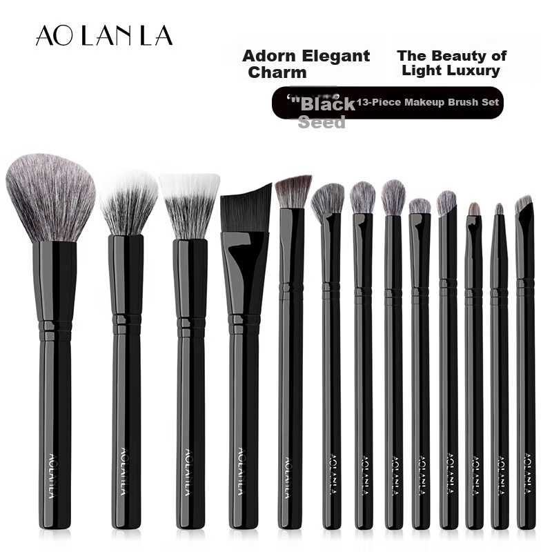 AOLANLA Black Seed Makeup Brush Set 13 Pieces Including Fish Tail Foundation Brush, Triangle Highlighter Brush, Eyebrow and Eyeliner Brushes Gift for Girlfriend