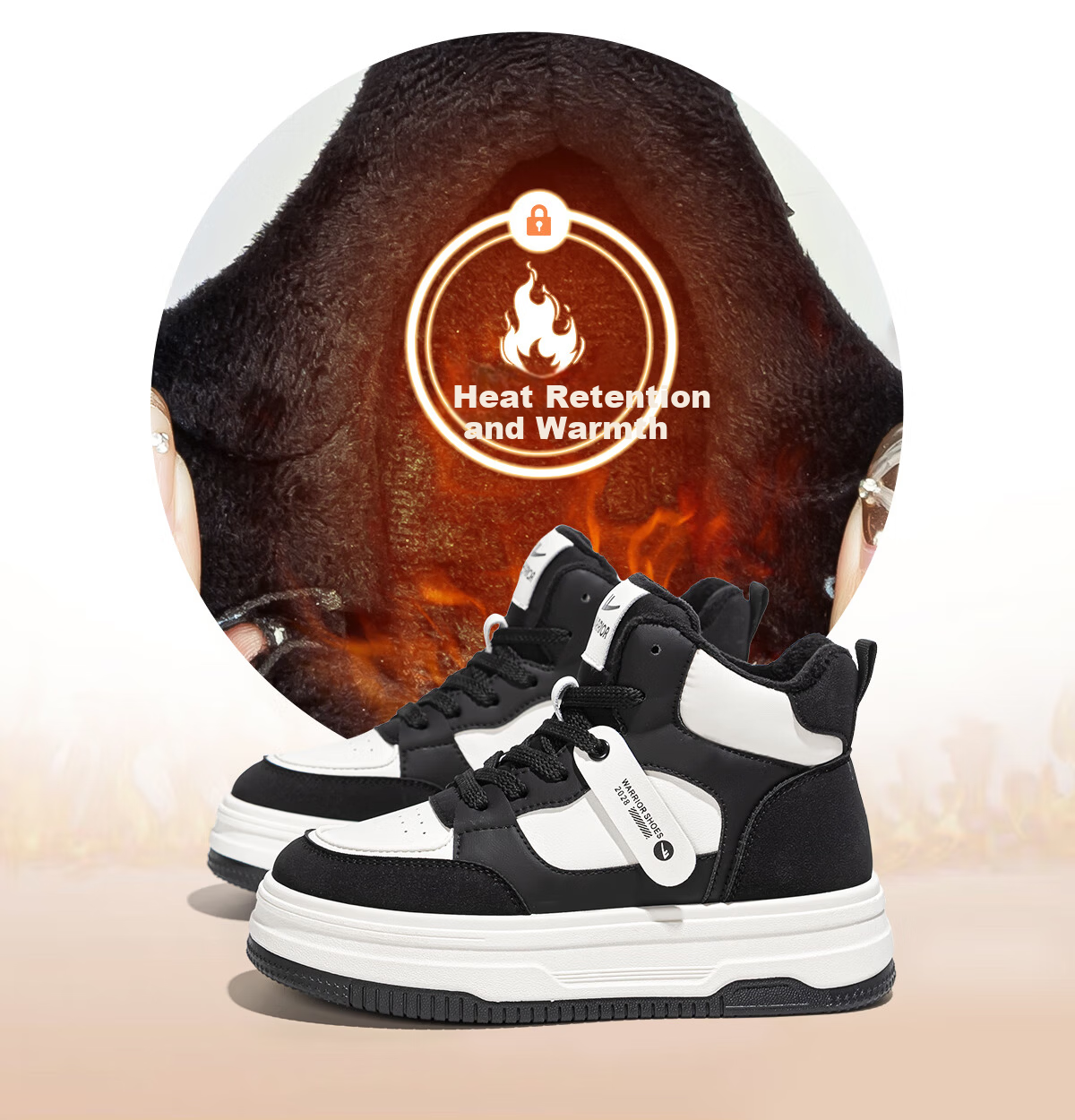 Warrior Women's Winter Fleece-Lined High-Top Sneakers Thick Sole Height Increasing Fashion Sports Casual Shoes White Black Size 39 7