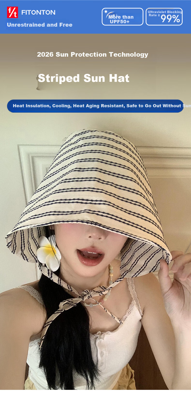 FitonTon Women's Summer Sun Protection Hat Striped UV Protection Outdoor Beach Sun Hat Travel Face Cover Hat 1