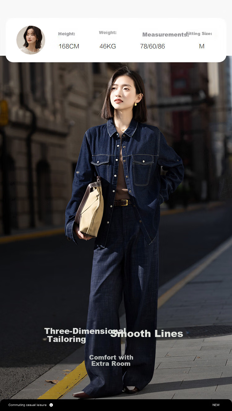 Demana [Cloud Oxygen Cotton] Spring Urban Style Contrast Stitching Fleece-Lined Small Size Women's Denim Shirt with Turn-Down Collar 3