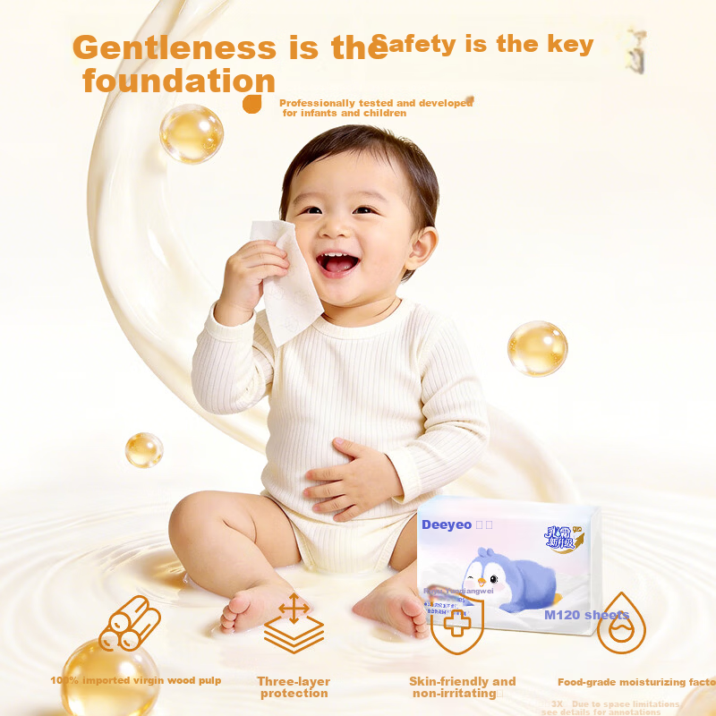 Deyou 3-Ply Cream Tissue 120 Sheets * 6 Packs Soft Cloud-Like Baby Moisturizing Facial Tissues Ultra-Soft Gentle Paper Towels