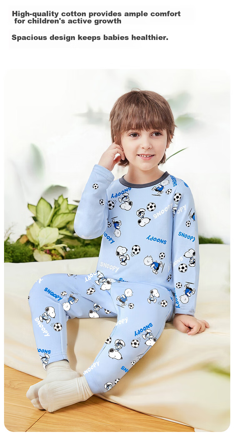 SNOOPY Children's Thermal Underwear Set Boys Autumn Long Johns Baby Pajamas Warm Base Layer Feiyue Football Green 5