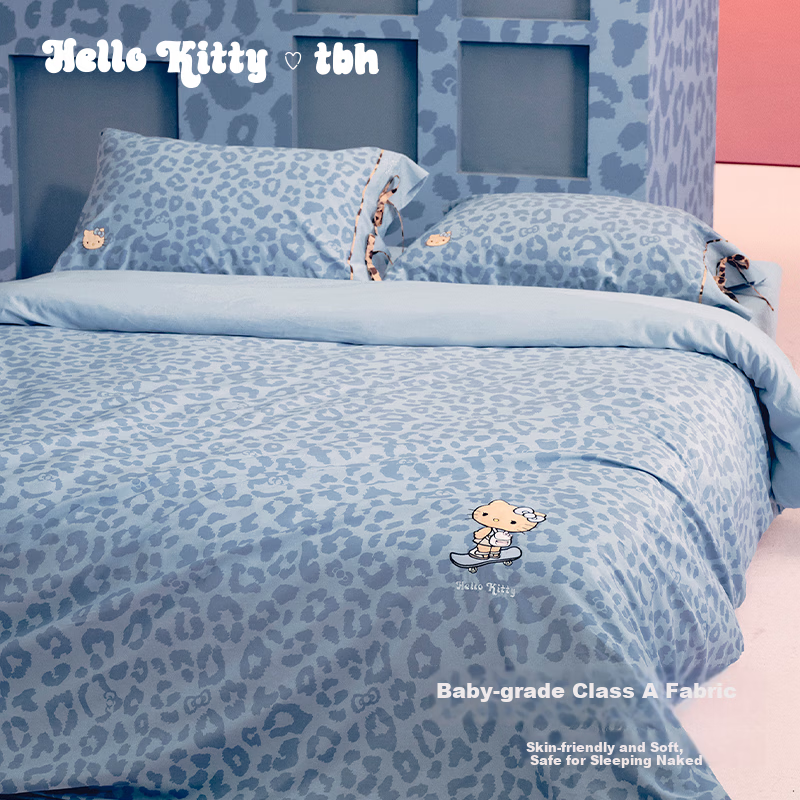 Tbh Sanrio Hello Kitty 3-Piece Bedding Set Cotton Four-Season Twill Printed Bed Linen 1.2m Denim Leopard Print
