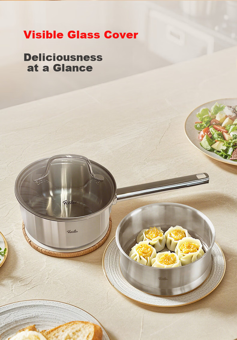 Fissler Copenhagen Series 16cm Milk Pot with Glass Lid and Steaming Insert Stainless Steel Non-Coated Baby Food Steamer Pot 1