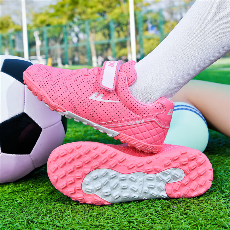 Warrior Girls' Soccer Shoes Studded TF Velcro Children's Youth Student Sneakers 685 Pink Studs Size 36